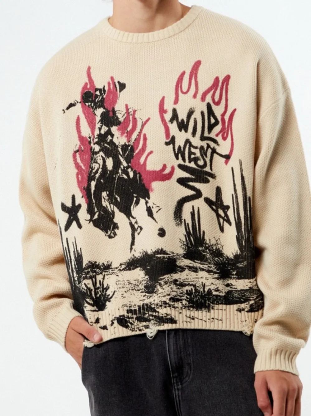 PacSun Men’s Beige Crewneck Cropped Sweater 'Wild West'- Medium, Western Cowboy